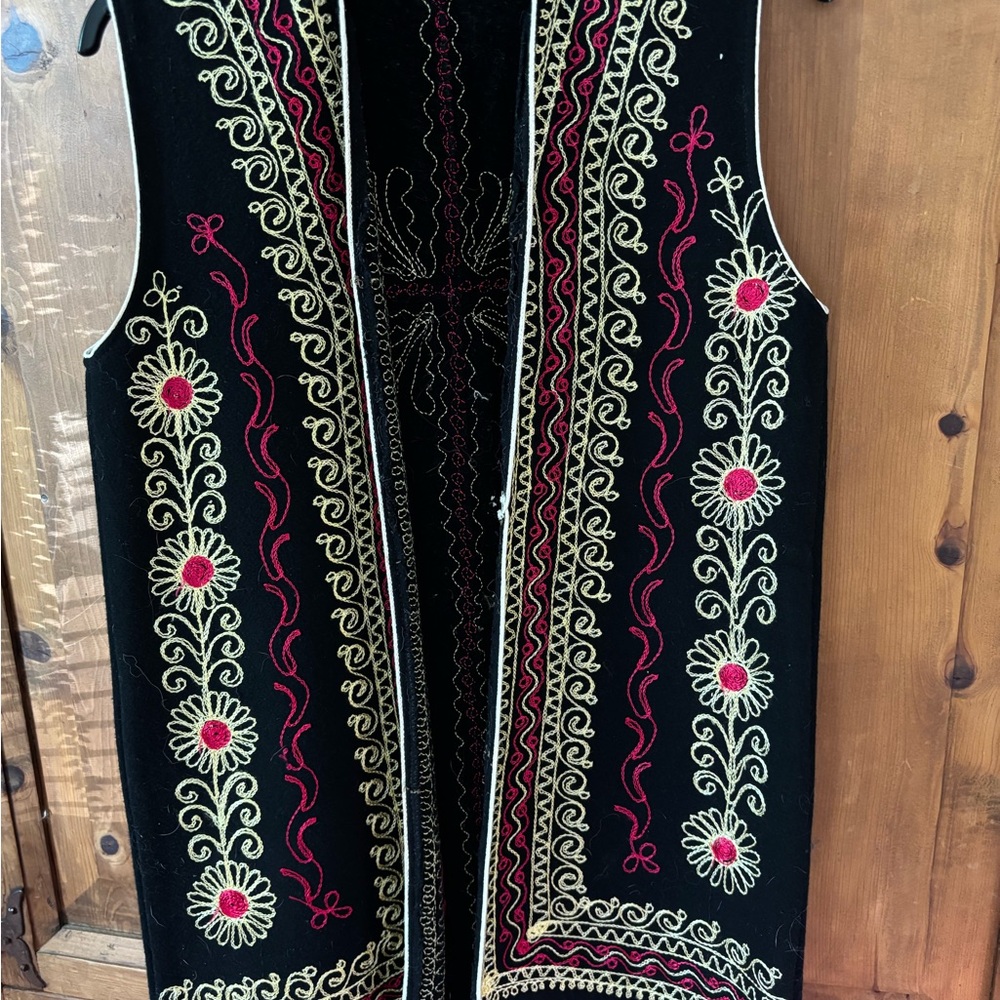 Vintage groovy Embroidered Black Vest with Red and Gold Accents